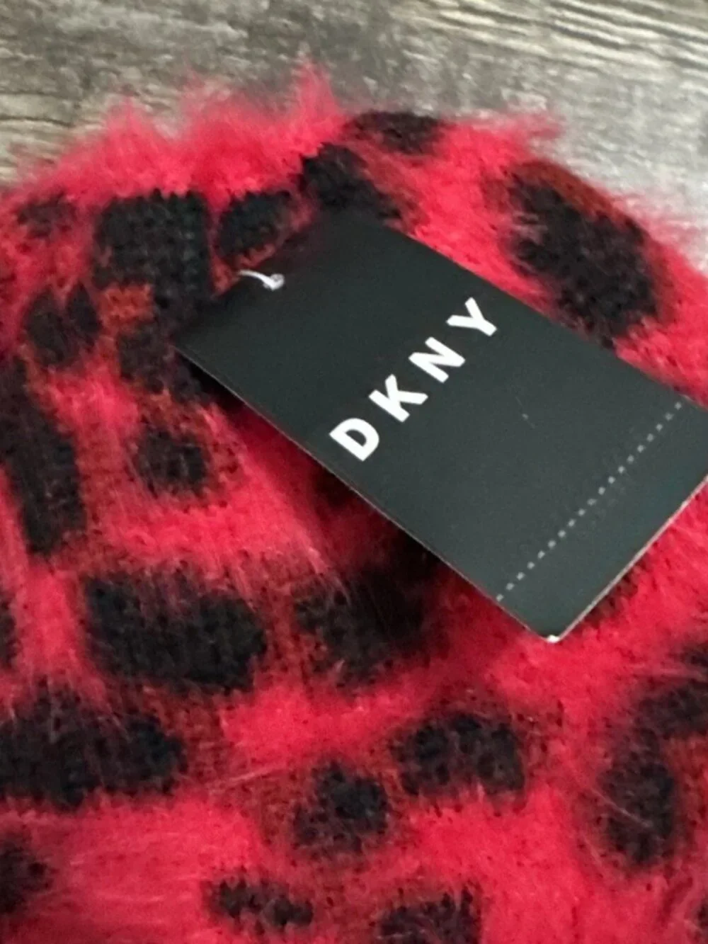 NWT DKNY Fuzzy Leopard Animal Print Beanie Red/Black MSRP $36
